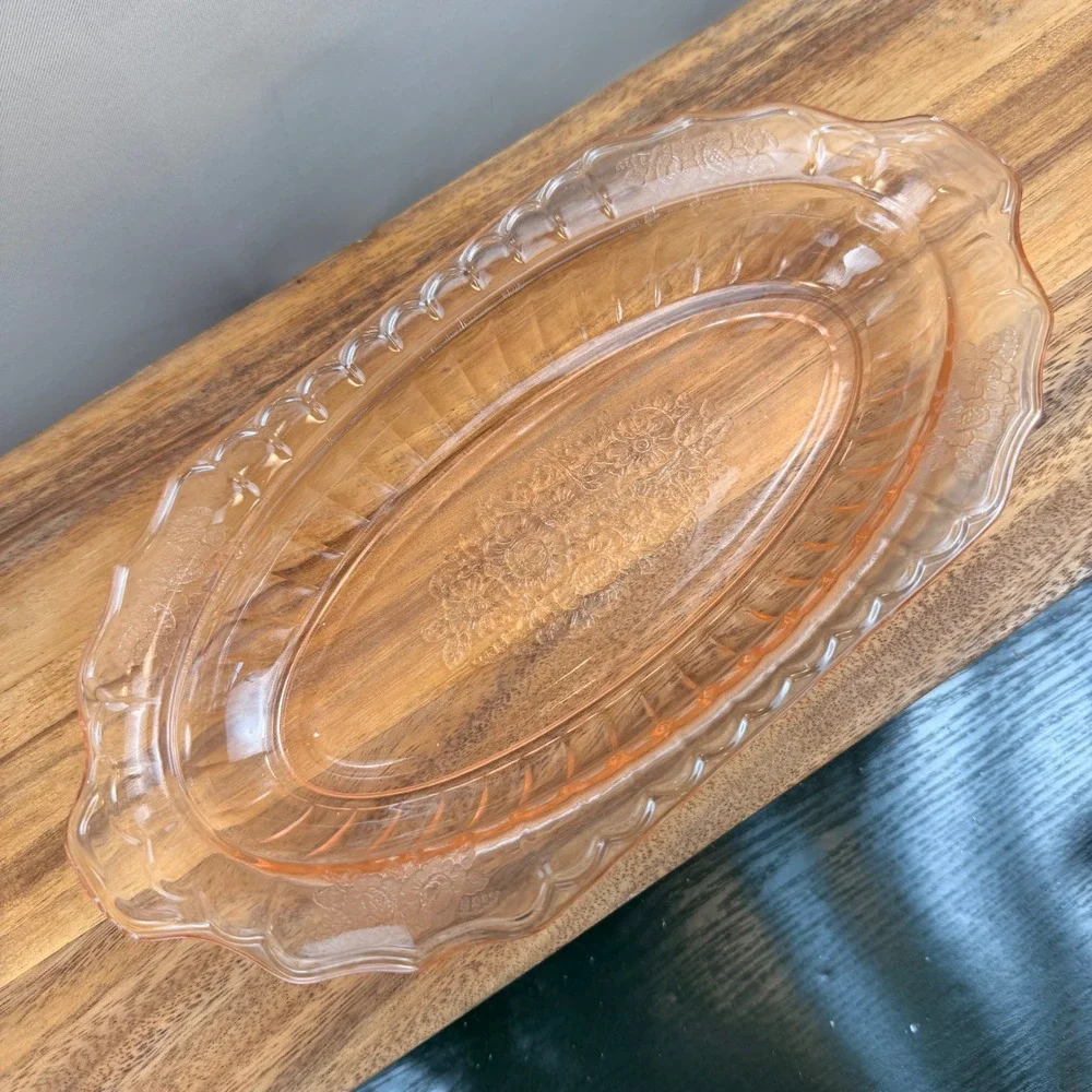 Anchor Hocking Mayfair Open Rose Pink Depression Glass Oval Serving Bowl 12 Inch